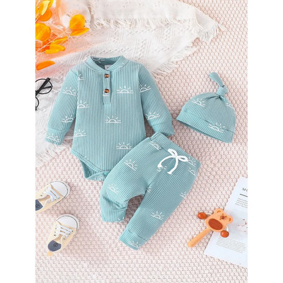 Terno Kid Unisex 0-18 μηνών με μακρύ μανίκι στάμπα και μακρύ παντελόνι με καπέλο σετ βρεφικών ρούχων Παιδικά ρούχα