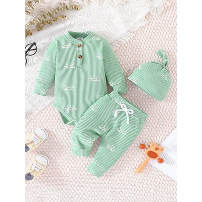 Terno Kid Unisex 0-18 μηνών με μακρύ μανίκι στάμπα και μακρύ παντελόνι με καπέλο σετ βρεφικών ρούχων Παιδικά ρούχα