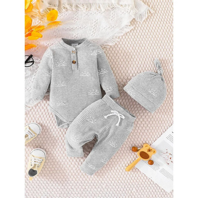 Terno Kid Unisex 0-18 μηνών με μακρύ μανίκι στάμπα και μακρύ παντελόνι με καπέλο σετ βρεφικών ρούχων Παιδικά ρούχα