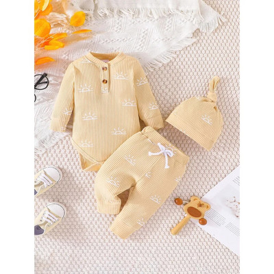 Terno Kid Unisex 0-18 μηνών με μακρύ μανίκι στάμπα και μακρύ παντελόνι με καπέλο σετ βρεφικών ρούχων Παιδικά ρούχα