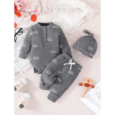 Terno Kid Unisex 0-18 μηνών με μακρύ μανίκι στάμπα και μακρύ παντελόνι με καπέλο σετ βρεφικών ρούχων Παιδικά ρούχα