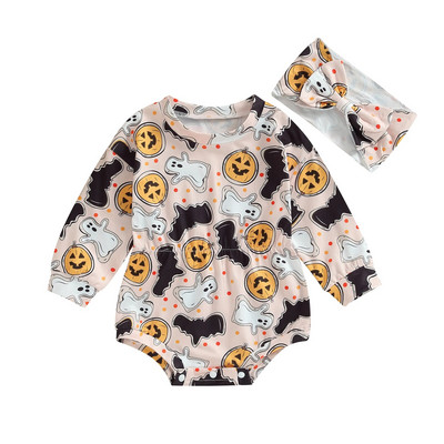 Ma&baby 0-18M Αποκριάτικες στολές μωρού κοριτσιού Romper Νεογέννητο νήπιο μακρυμάνικο κολοκυθάκι με στάμπα φάντασμα