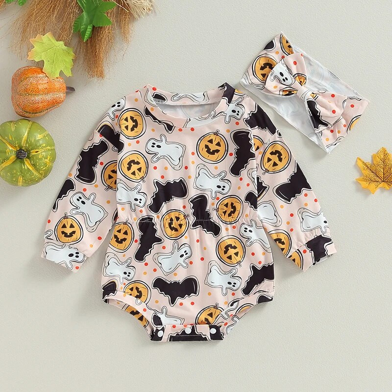 ma&baby 0-18M Halloween Baby Girl jelmezek Romper újszülött csecsemő tipegő hosszú ujjú sütőtök Ghost Print Jumpsuit fejpánt