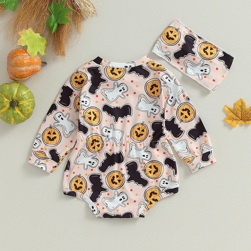 ma&baby 0-18M Halloween Baby Girl jelmezek Romper újszülött csecsemő tipegő hosszú ujjú sütőtök Ghost Print Jumpsuit fejpánt