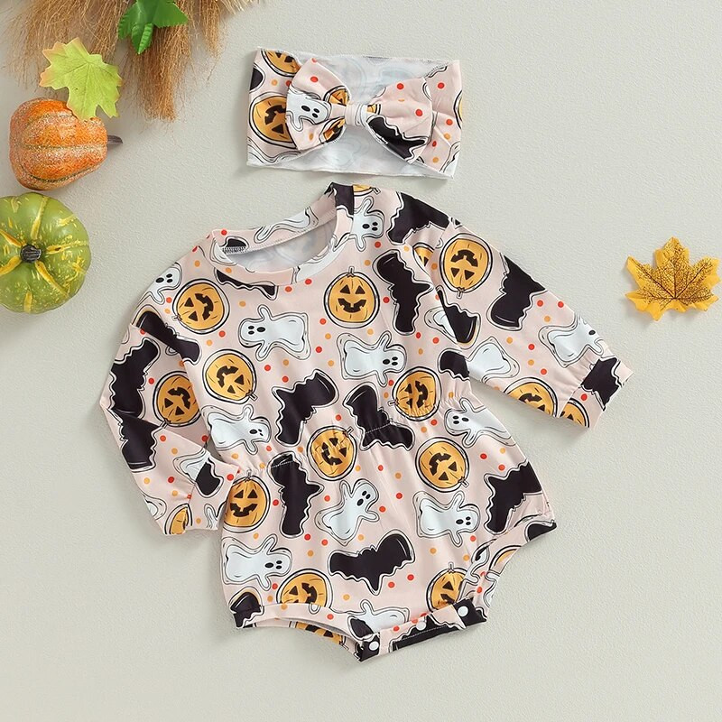 ma&baby 0-18M Halloween Baby Girl jelmezek Romper újszülött csecsemő tipegő hosszú ujjú sütőtök Ghost Print Jumpsuit fejpánt
