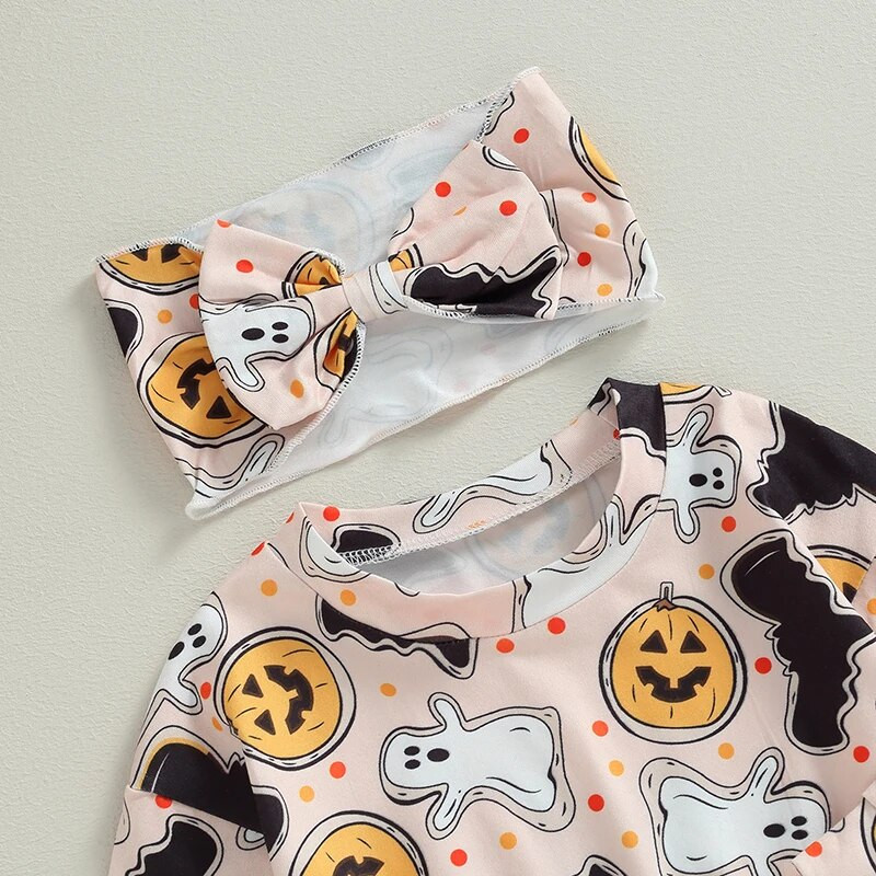 ma&baby 0-18M Halloween Baby Girl jelmezek Romper újszülött csecsemő tipegő hosszú ujjú sütőtök Ghost Print Jumpsuit fejpánt
