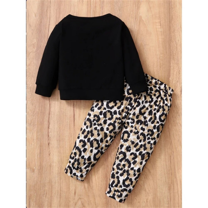 2 DB Baby Girl divatruha szett Love Print hosszú ujjú felső+Leopárdmintás nadrágok Őszi ruházat kisgyermek lánynak 3-12 hónapig