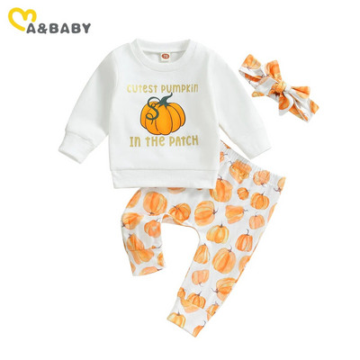 ma&baby 0-3Y Halloween Kompleti odjeće za djevojčice Pumpkin Print Dugi rukavi Topovi Hlače Traka za glavu Jesenska odjeća Kostimi