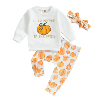 ma&baby 0-3Y Halloween Βρεφικά Σετ Ρούχα Κοριτσίστικα με στάμπα κολοκύθας Μακρυμάνικα μπλουζάκια Παντελόνια Headband Φθινοπωρινά Κοστούμια