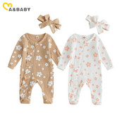 ma&baby 0-3M Νεογέννητο Βρεφικό Κοριτσάκι Ολόσωμη φόρμα με λουλούδια με μακρυμάνικο φερμουάρ Κεφαλόδεσμο Φθινοπωρινή Άνοιξη