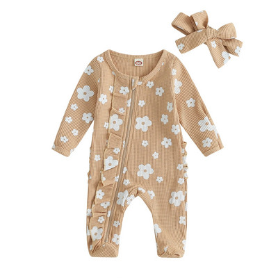 ma&baby 0-3M Νεογέννητο Βρεφικό Κοριτσάκι Ολόσωμη φόρμα με λουλούδια με μακρυμάνικο φερμουάρ Κεφαλόδεσμο Φθινοπωρινή Άνοιξη