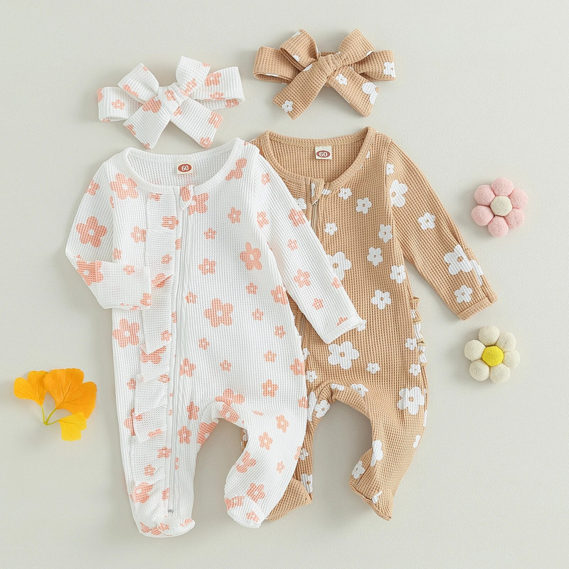 ma&baby 0-3M újszülött baba lány kombiné virágmintás hosszú ujjú cipzáras fejpánt őszi tavaszi ruhák