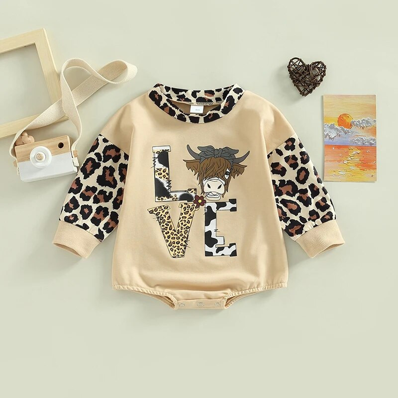FOCUSNORM 0-18M Lovely Baby Girls Fiúk Aranyos Romper Leopard Patchwork Hosszú ujjú Tehén/Rögbi Betűvel Nyomott Jumpsuits
