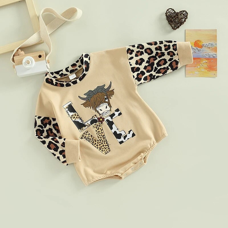 FOCUSNORM 0-18M Lovely Baby Girls Fiúk Aranyos Romper Leopard Patchwork Hosszú ujjú Tehén/Rögbi Betűvel Nyomott Jumpsuits