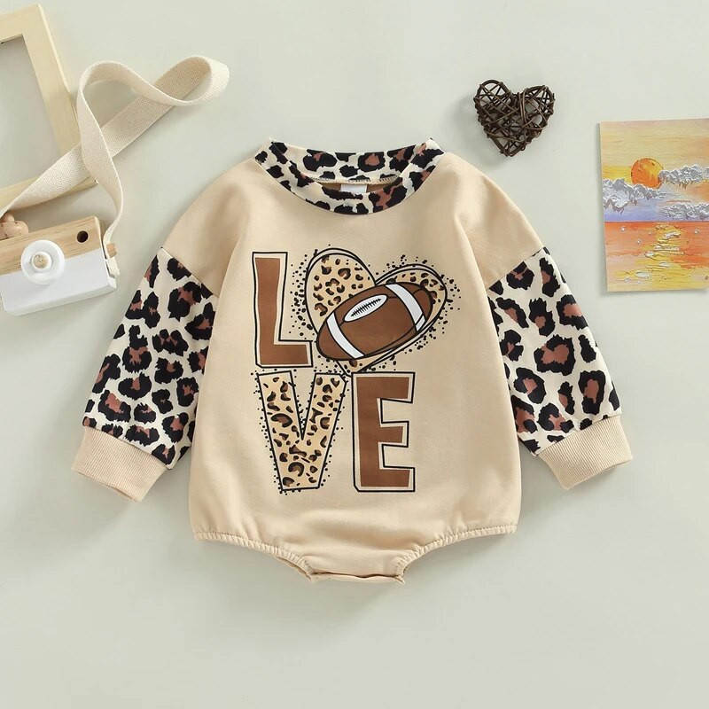FOCUSNORM 0-18M Lovely Baby Girls Fiúk Aranyos Romper Leopard Patchwork Hosszú ujjú Tehén/Rögbi Betűvel Nyomott Jumpsuits