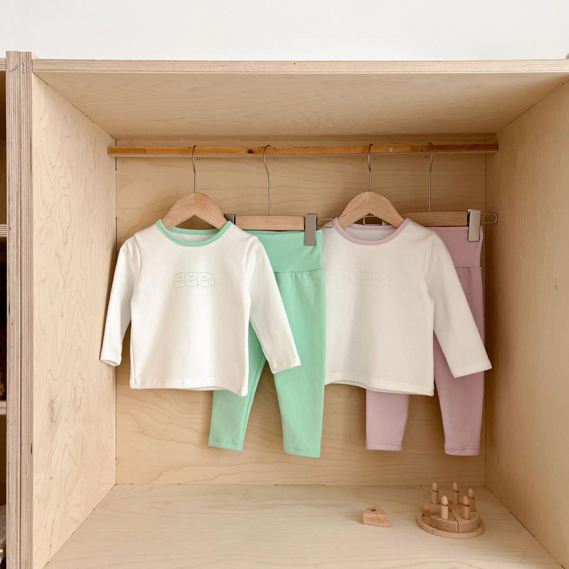 Pamut őszi babaruha szett: uniszex csecsemő hosszú ujjú felső+nadrág, magas derekú hastámasz - kényelmes otthoni hálóruha 0-3Y