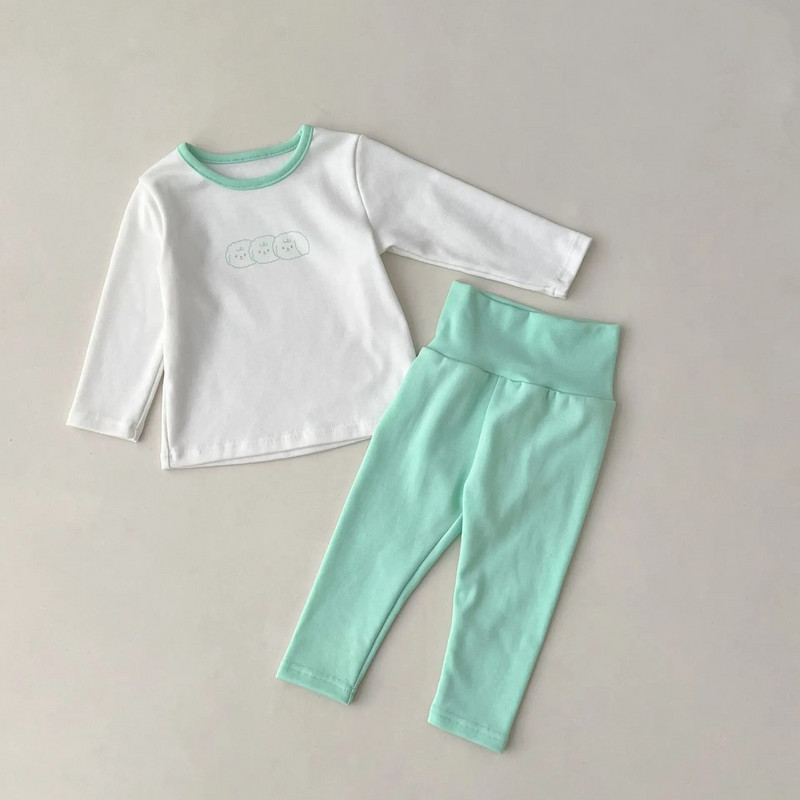 Pamut őszi babaruha szett: uniszex csecsemő hosszú ujjú felső+nadrág, magas derekú hastámasz - kényelmes otthoni hálóruha 0-3Y