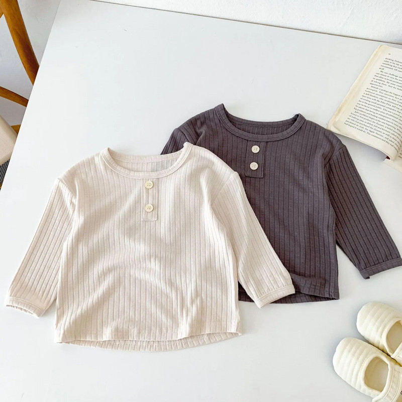 Őszi csecsemő gyerekek baba fiú lányok teljes ujjú egyszínű elasztikus csík felső ing + nadrág kisgyermek gyermekruha szett 2 db