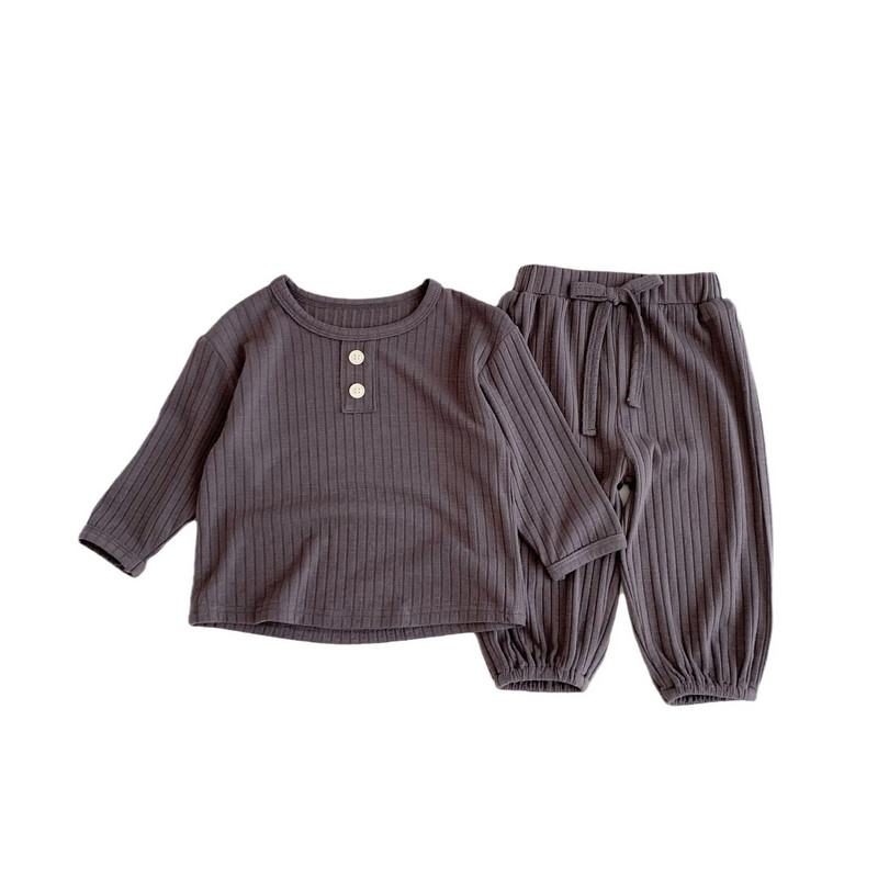 Őszi csecsemő gyerekek baba fiú lányok teljes ujjú egyszínű elasztikus csík felső ing + nadrág kisgyermek gyermekruha szett 2 db