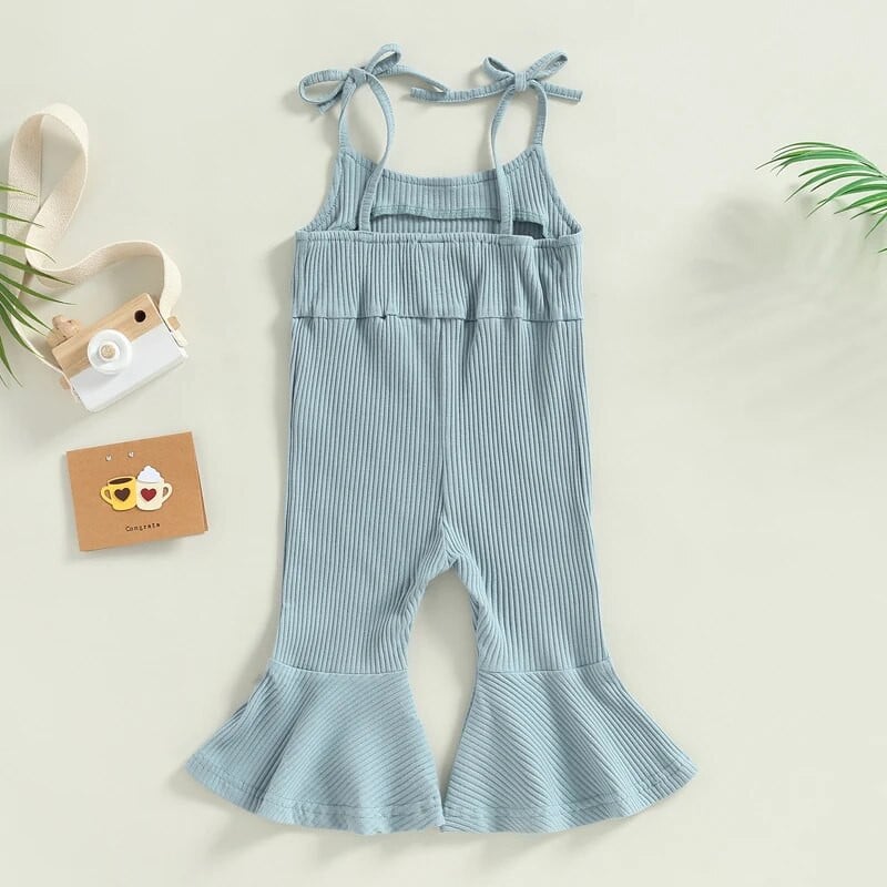 FOCUSNORM 1-5Y totyogó baba lány nyári jumpsuit nadrág 3 színű tömör ujjatlan nyakkendő pánt bordázott csengő alsó
