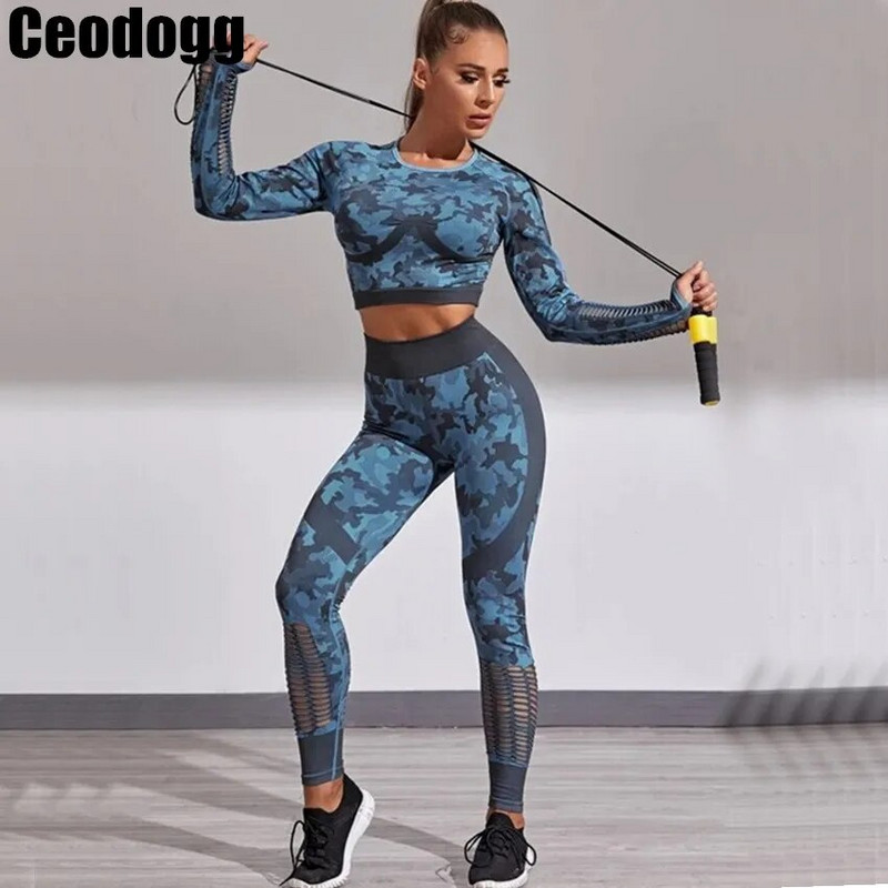 2 db-os terepszínű szett női jóga öltöny sport szett edzőterem edzés ruhák hosszú ujjú fitnesz felső magas derekú varrat nélküli Camo leggings