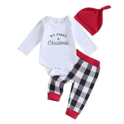 Baby Girls 3PCS Σετ παντελονιών Λευκό μακρυμάνικο γράμμα εκτύπωσης Romper καρό παντελόνι Σετ καπέλων
