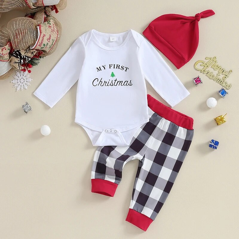 Baby Girls 3 DB nadrág szettek fehér hosszú ujjú levélmintás kockás nadrág kalapkészletek