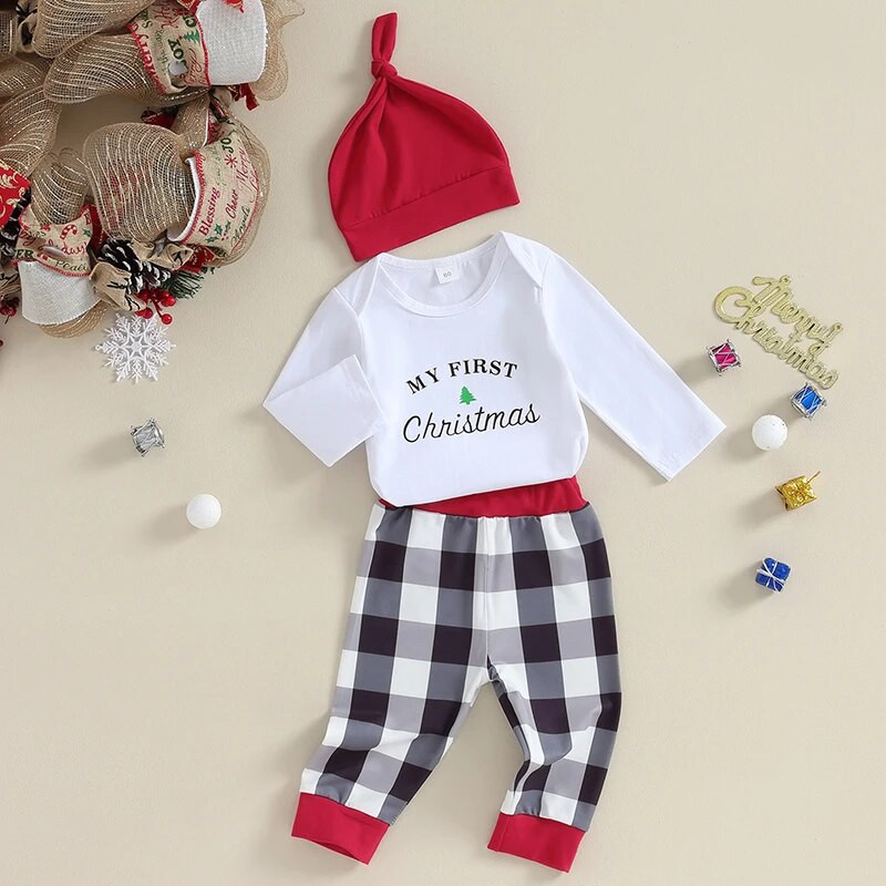 Baby Girls 3 DB nadrág szettek fehér hosszú ujjú levélmintás kockás nadrág kalapkészletek