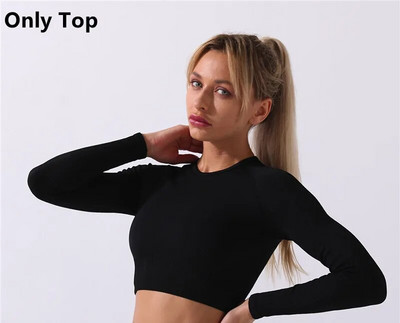 Rid Seamless Yoga Set Női 2db Kétrészes, Hosszú ujjú Crop Top póló Leggings Outfit Ruhák Tornatermi viselet Fitnesz öltöny Sport szettek