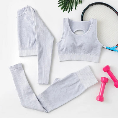 Rid Seamless Yoga Set Női 2db Kétrészes, Hosszú ujjú Crop Top póló Leggings Outfit Ruhák Tornatermi viselet Fitnesz öltöny Sport szettek