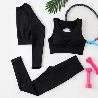 Rid Seamless Yoga Set Női 2db Kétrészes, Hosszú ujjú Crop Top póló Leggings Outfit Ruhák Tornatermi viselet Fitnesz öltöny Sport szettek