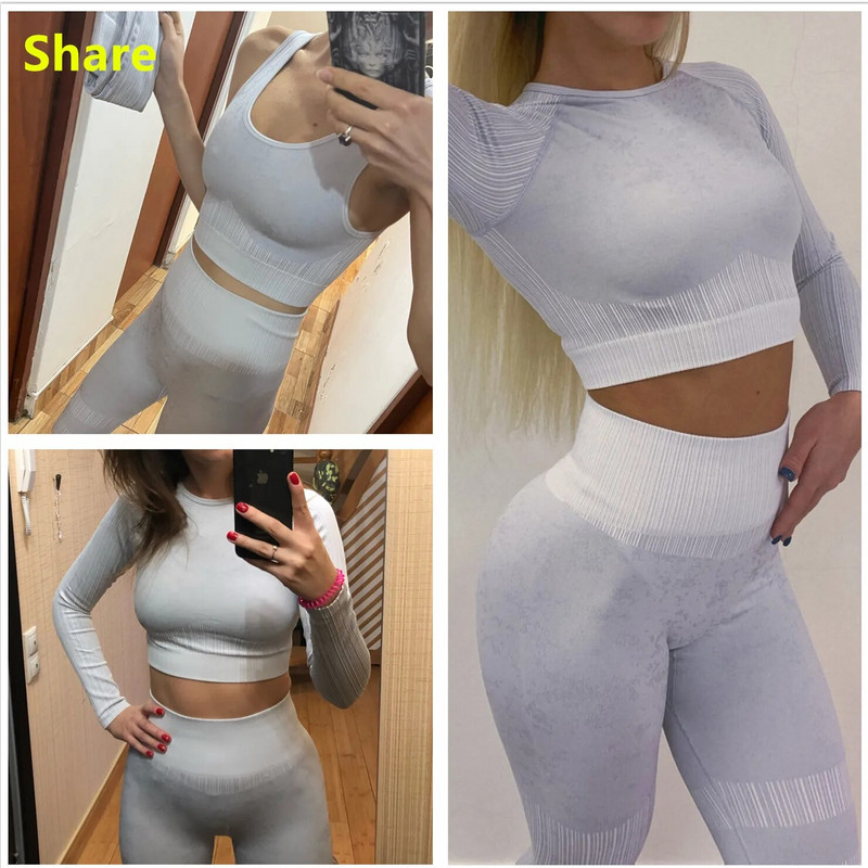Rid Seamless Yoga Set Női 2db Kétrészes, Hosszú ujjú Crop Top póló Leggings Outfit Ruhák Tornatermi viselet Fitnesz öltöny Sport szettek