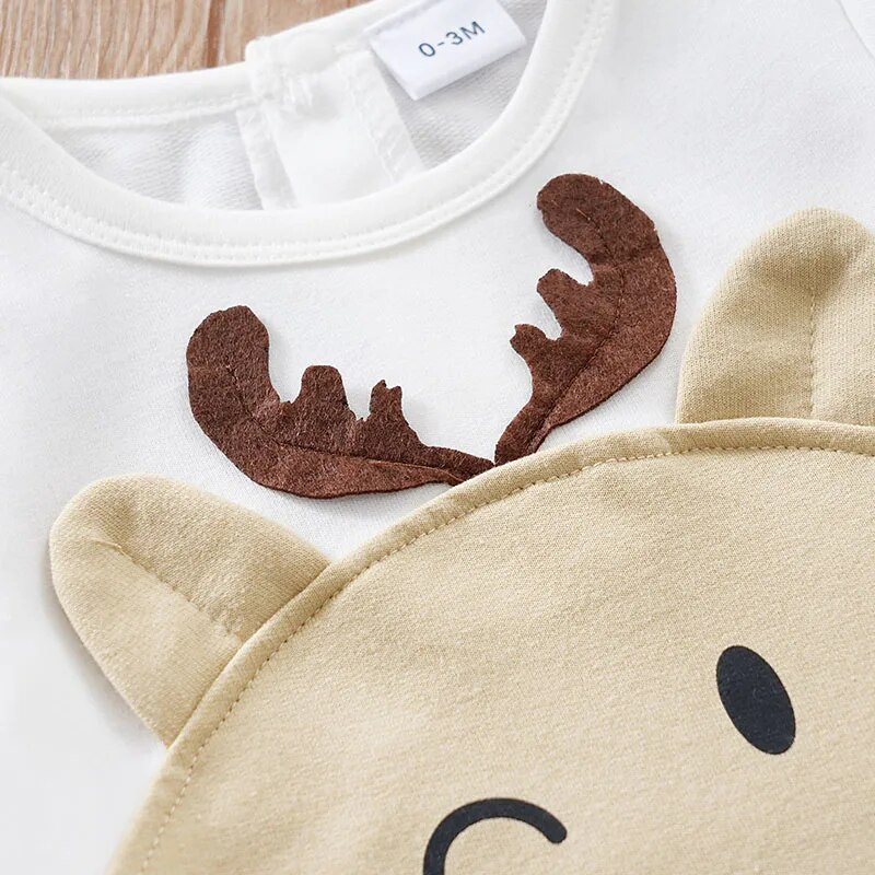 Tavaszi és őszi fiúk és lányok karácsonyi stílusú, aranyos jávorszarvas mintás hosszú ujjú babaruha Body