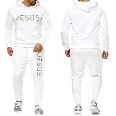 Νέο ανδρικό αθλητικό κοστούμι πολύχρωμο Jesus print με κουκούλα + Φούτερ για τζόκινγκ casual φούτερ Παντελόνι Σετ Σχέδιο Ανδρική φόρμα
