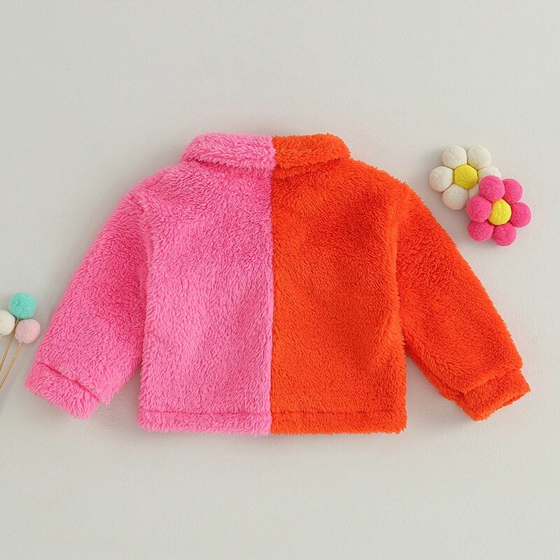 Csecsemő baba lány téli polár dzseki hosszú ujjú lehajtható gallér kontraszt színű kabát Teddy kabát gyermek meleg felsőruházat