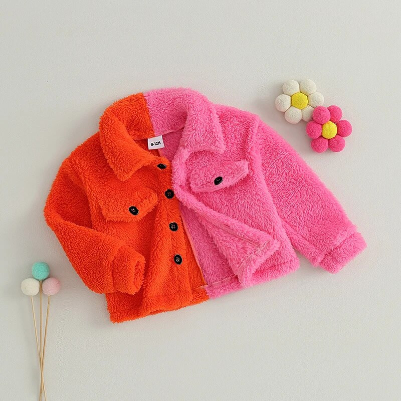 Csecsemő baba lány téli polár dzseki hosszú ujjú lehajtható gallér kontraszt színű kabát Teddy kabát gyermek meleg felsőruházat