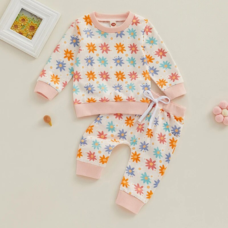 Kislány 2 db őszi ruhák, hosszú ujjú virágmintás pulóver + zsebnadrág szett kisgyermek ruhák