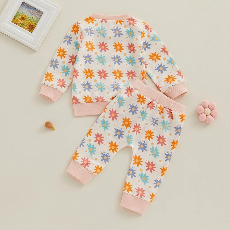 Kislány 2 db őszi ruhák, hosszú ujjú virágmintás pulóver + zsebnadrág szett kisgyermek ruhák