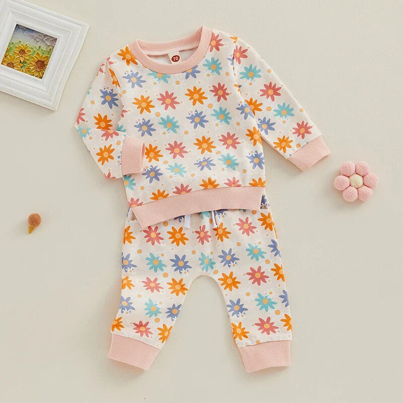 Kislány 2 db őszi ruhák, hosszú ujjú virágmintás pulóver + zsebnadrág szett kisgyermek ruhák