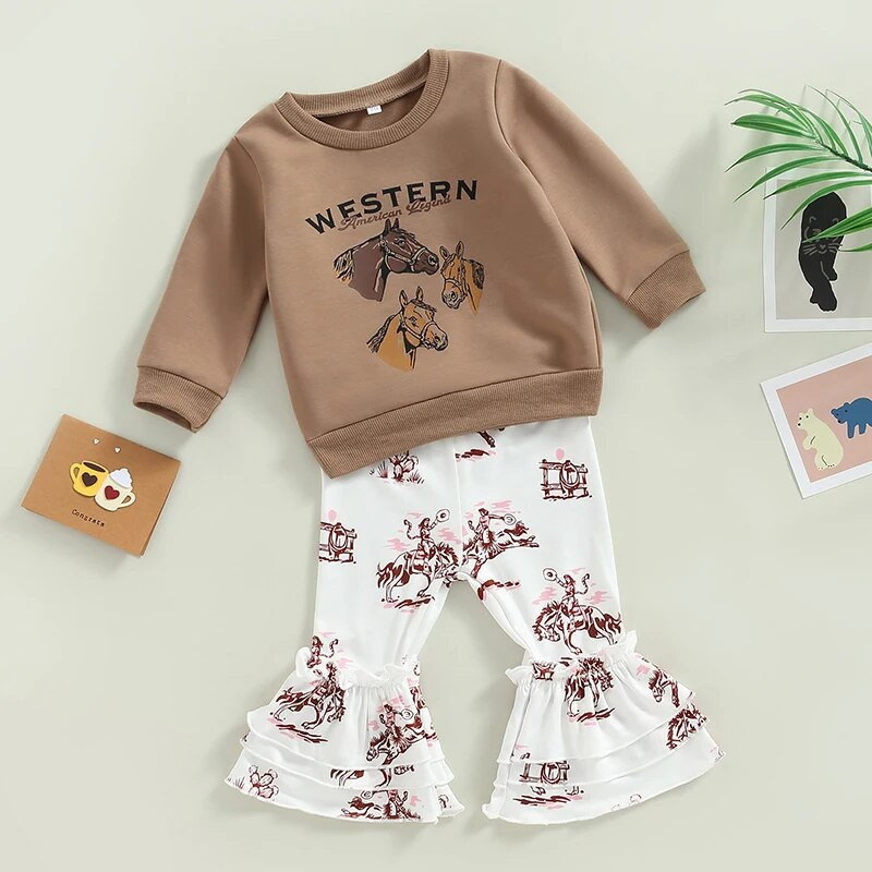 Tipegő lányok őszi ruha szettek, hosszú ujjú, betűvel nyomtatott felsők + lómintás kiszélesedő nadrágok