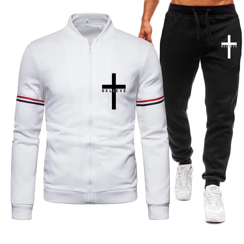 Férfi I Believe in Jesus Christ nyomtatott klasszikus férfi baseball egyenruha 2 részes egyszínű sport ingázó ruha