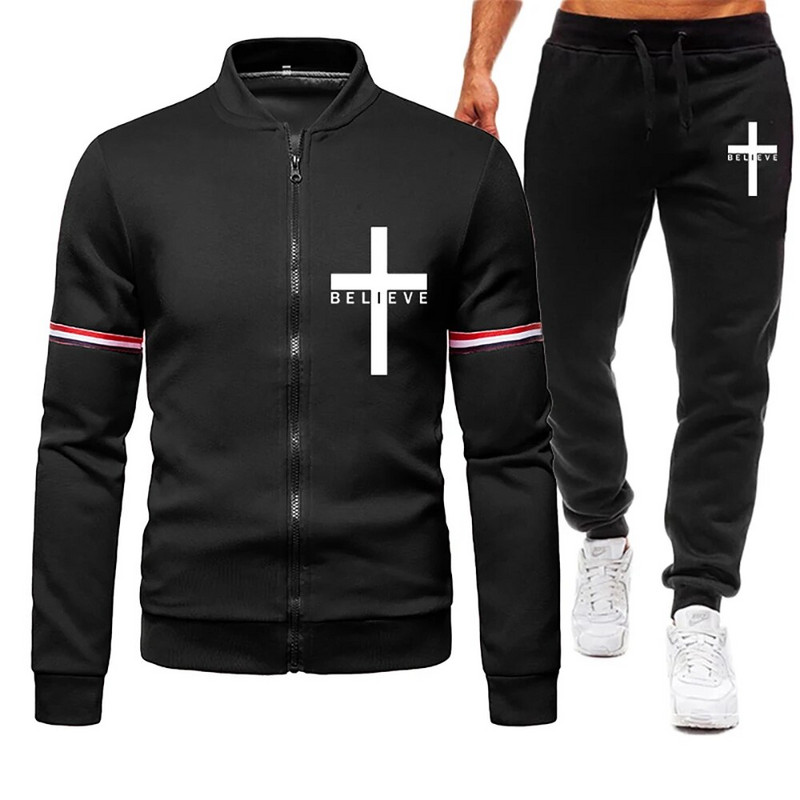 Férfi I Believe in Jesus Christ nyomtatott klasszikus férfi baseball egyenruha 2 részes egyszínű sport ingázó ruha