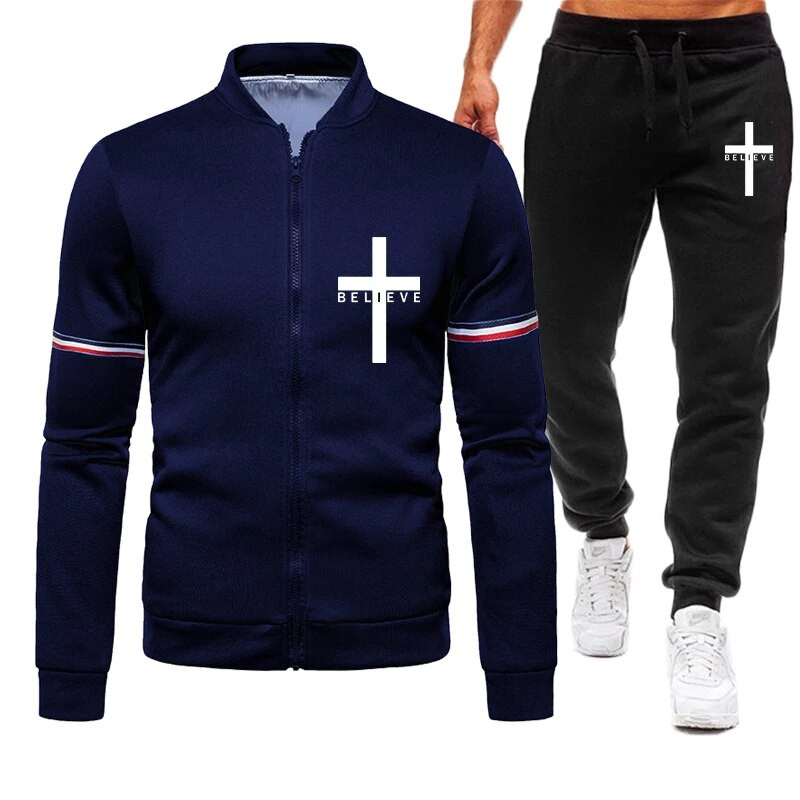 Férfi I Believe in Jesus Christ nyomtatott klasszikus férfi baseball egyenruha 2 részes egyszínű sport ingázó ruha