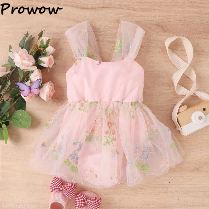 Prowow 0-12M Baby Girls Ruhák Nyári Hímzés Virágos Princess Tüll ruha Születésnapi Body Csecsemők Újszülött ruhák