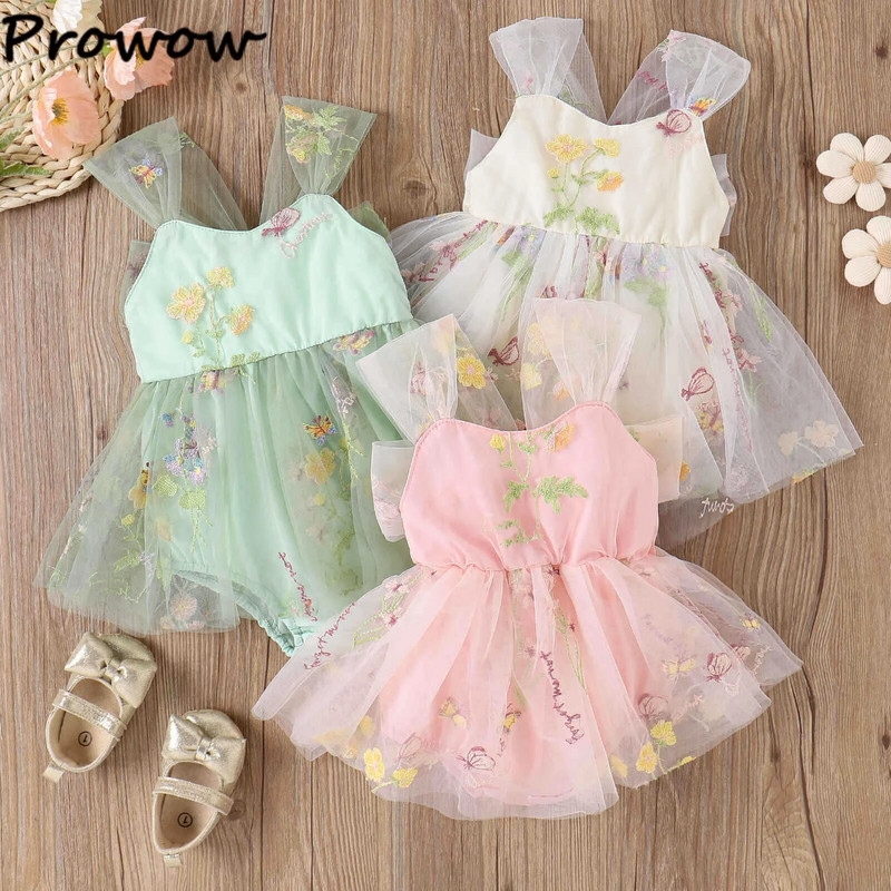 Prowow 0-12M Baby Girls Ruhák Nyári Hímzés Virágos Princess Tüll ruha Születésnapi Body Csecsemők Újszülött ruhák