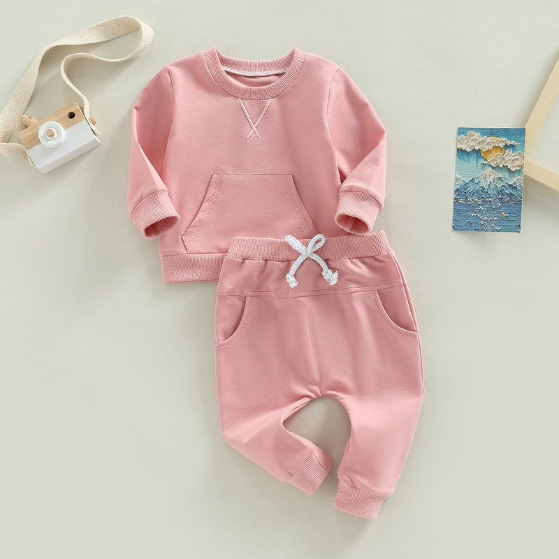 Kisgyermekek kisfiúk lányok őszi téli ruhakészletek tömör hosszú ujjú zsebes pulóverek + húzózsinóros hosszú nadrágok sportruházati felszerelések