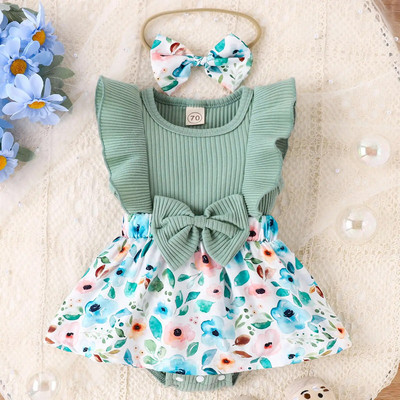 Prowow 0-18M Baby Girls Romper Φόρεμα Fly Sleeve Patchwork Φλοράλ εμπριμέ κορμάκι για βρέφη Ρούχα για νεογέννητα κορίτσια