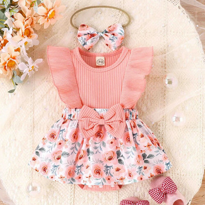 Prowow 0-18M Baby Girls Romper Φόρεμα Fly Sleeve Patchwork Φλοράλ εμπριμέ κορμάκι για βρέφη Ρούχα για νεογέννητα κορίτσια