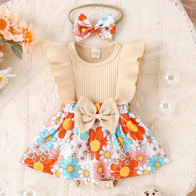 Prowow 0-18M Baby Girls Romper Φόρεμα Fly Sleeve Patchwork Φλοράλ εμπριμέ κορμάκι για βρέφη Ρούχα για νεογέννητα κορίτσια