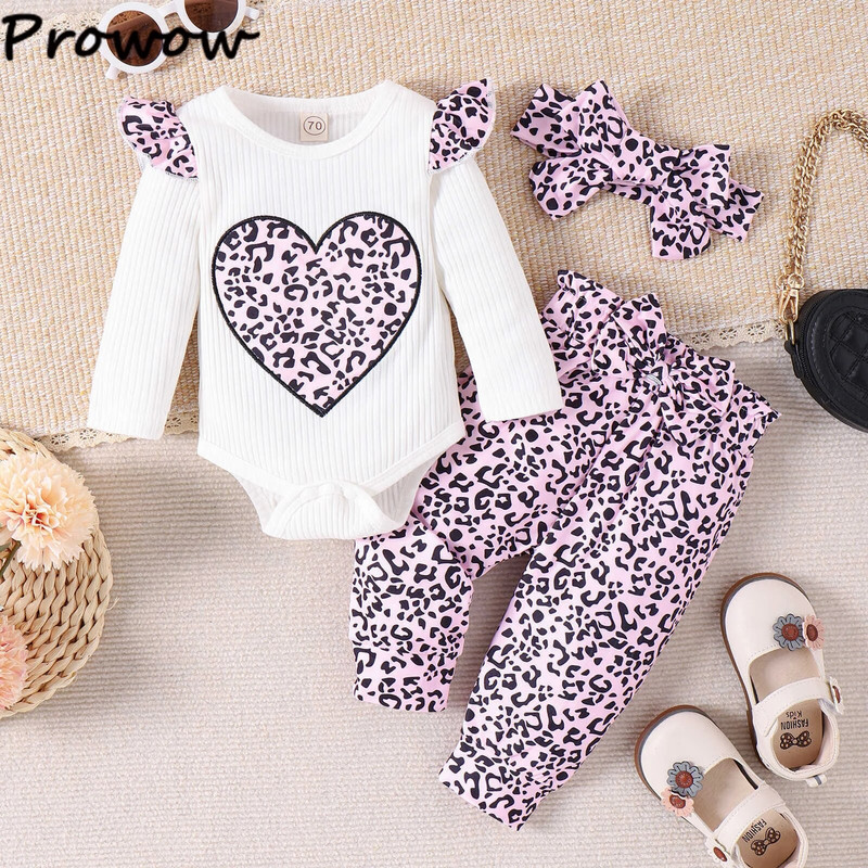 Prowow 0-24M kislány ruha szettek hosszú ujjú leopárd szív nadrág + nadrág + fejpánt újszülött lányok ruházati készletei